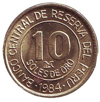 Монета 10 солей. 1984 год, Перу. 150 лет со дня рождения адмирала Грау. Монета 10 солей. 1984 год, Перу. 150 лет со дня рождения адмирала Грау.