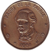 Монета 1 песо. 2002 год, Доминиканская Республика. Пабло Дуарте. Монета 1 песо. 2002 год, Доминиканская Республика. Пабло Дуарте.