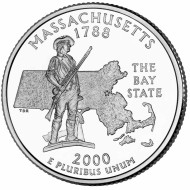 Монета 25 центов (D). 2000 год, США. Массачусетс. Штат № 6. Монета 25 центов (D). 2000 год, США. Массачусетс. Штат № 6.