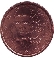 Монета 5 центов. 2008 год, Франция. Монета 5 центов. 2008 год, Франция.