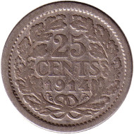 Монета 25 центов. 1914 год, Нидерланды. Монета 25 центов. 1914 год, Нидерланды.