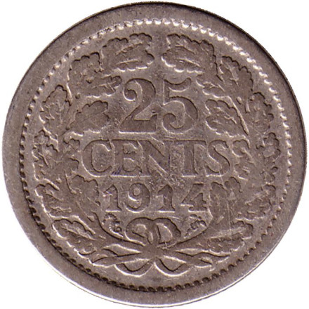 Монета 25 центов. 1914 год, Нидерланды.