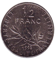 Монета 1/2 франка. 1993 год, Франция.