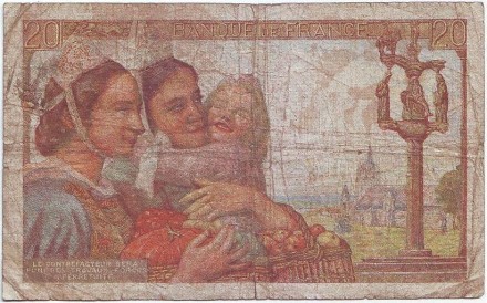 Банкнота 20 франков. 1944 год, Франция. Рыбак. Банкнота 20 франков. 1944 год, Франция. Рыбак.