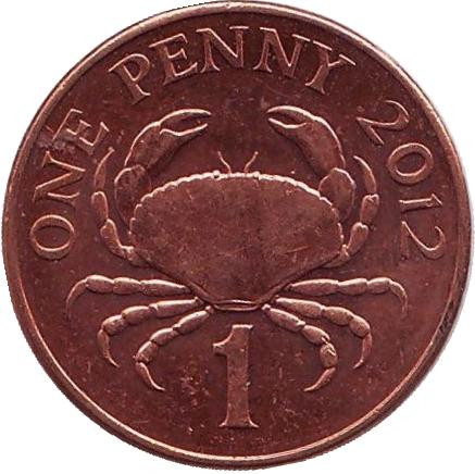 Монета 1 пенни, 2012 год, Гернси. Из обращения. Краб.