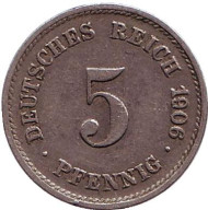Монета 5 пфеннигов. 1906 год (G), Германская империя. Монета 5 пфеннигов. 1906 год (G), Германская империя.