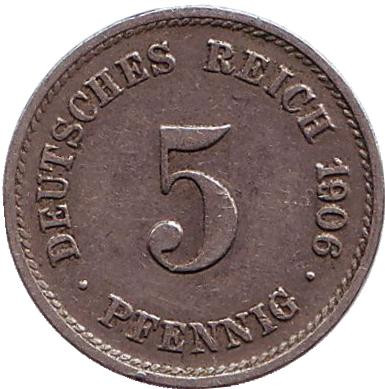Монета 5 пфеннигов. 1906 год (G), Германская империя.