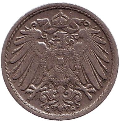 Монета 5 пфеннигов. 1906 год (G), Германская империя. Монета 5 пфеннигов. 1906 год (G), Германская империя.
