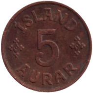 Монета 5 аураров. 1942 год, Исландия. Монета 5 аураров. 1942 год, Исландия.