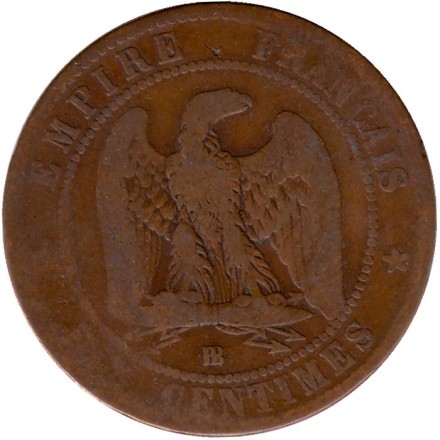 Монета 10 сантимов. 1865 год (BB), Франция. Монета 10 сантимов. 1865 год (BB), Франция.