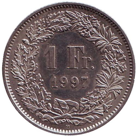 Монета 1 франк. 1997 (В) год, Швейцария. Гельвеция.