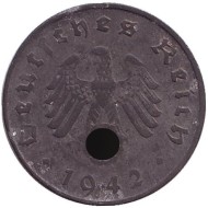 Монета 10 рейхспфеннигов. 1942 год, Германия (Третий Рейх). (D). Монета 10 рейхспфеннигов. 1942 год, Германия (Третий Рейх). (D).