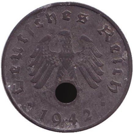 Монета 10 рейхспфеннигов. 1942 год, Германия (Третий Рейх). (D). Монета 10 рейхспфеннигов. 1942 год, Германия (Третий Рейх). (D).