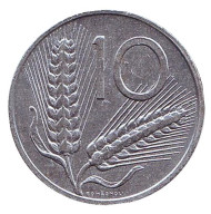 Монета 10 лир. 1990 год, Италия. Колосья пшеницы. Плуг. Монета 10 лир. 1990 год, Италия. Колосья пшеницы. Плуг.