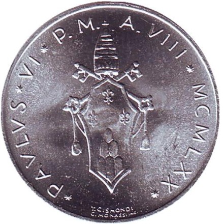 Монета 10 лир. 1970 год, Ватикан. Рыба. Монета 10 лир. 1970 год, Ватикан. Рыба.