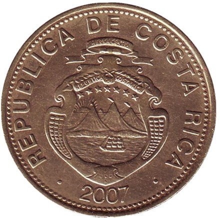 Монета 100 колонов, 2007 год, Коста-Рика. Монета 100 колонов, 2007 год, Коста-Рика.