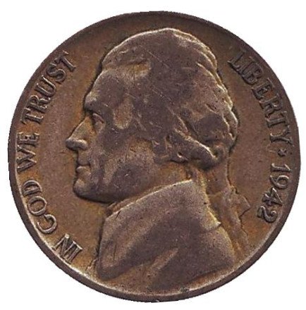 Монета 5 центов. 1942 год (P), США. Джефферсон. Монтичелло.