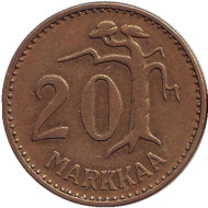 Монета 20 марок. 1961 год, Финляндия. Монета 20 марок. 1961 год, Финляндия.