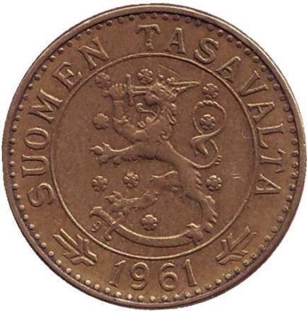 Монета 20 марок. 1961 год, Финляндия. Монета 20 марок. 1961 год, Финляндия.