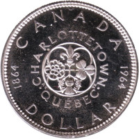 100 лет Шарлоттауну и Квебеку. Монета 1 доллар. 1964 год, Канада.
