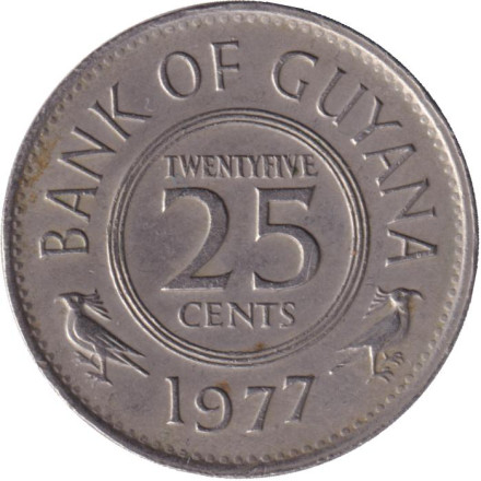 Монета 25 центов. 1977 год, Гайана.