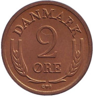 Монета 2 эре. 1963 год, Дания. (бронза). Монета 2 эре. 1963 год, Дания. (бронза).