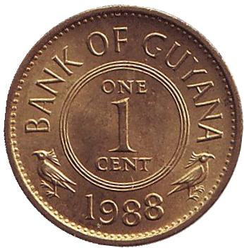 Монета 1 цент. 1988 год, Гайана. Лотос.