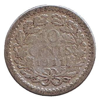 Монета 10 центов. 1911 год, Нидерланды.