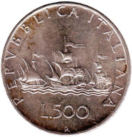 Монета 500 лир. 1970 год, Италия. Корабли Колумба. Монета 500 лир. 1970 год, Италия. Корабли Колумба.