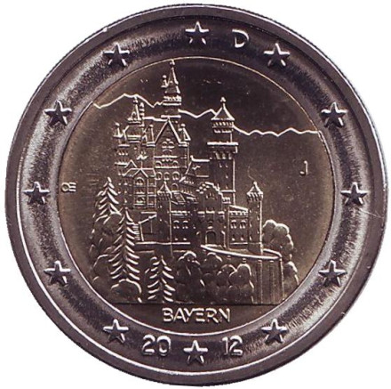 Монета 2 евро, 2012 год, Германия. Монетный двор J. Замок Нойшванштайн в Баварии.