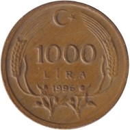Монета 1000 лир. 1996 год, Турция. Монета 1000 лир. 1996 год, Турция.