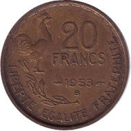 Монета 20 франков. 1953-В год, Франция. "G. Guiraud", 4 пера. Монета 20 франков. 1953-В год, Франция. "G. Guiraud", 4 пера.