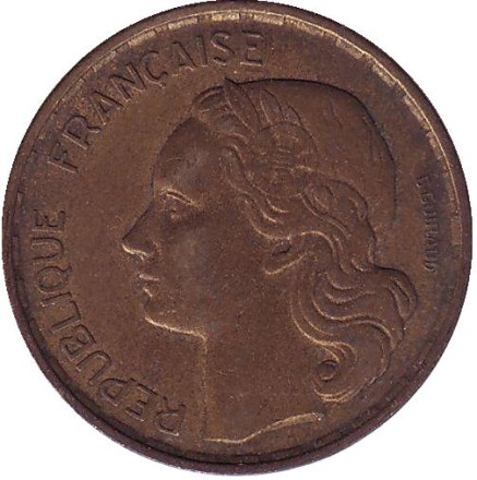 Монета 20 франков. 1953-В год, Франция. "G. Guiraud", 4 пера.