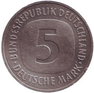 Монета 5 марок. 1989 год (J), ФРГ. Монета 5 марок. 1989 год (J), ФРГ.