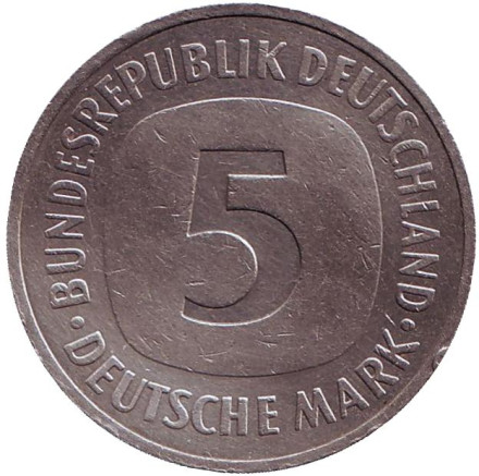 Монета 5 марок. 1989 год (J), ФРГ.
