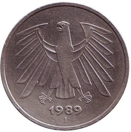 Монета 5 марок. 1989 год (J), ФРГ.