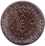 Монета 100 эскудо. 1995 год, Португалия. FAO. ФАО. 50 лет продовольственной программе ООН. Монета 100 эскудо. 1995 год, Португалия. FAO. ФАО. 50 лет продовольственной программе ООН.