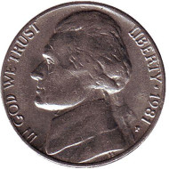 Монета 5 центов. 1981 год (P), США. Джефферсон. Монтичелло. Монета 5 центов. 1981 год (P), США. Джефферсон. Монтичелло.