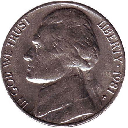 Монета 5 центов. 1981 год (P), США. Джефферсон. Монтичелло.