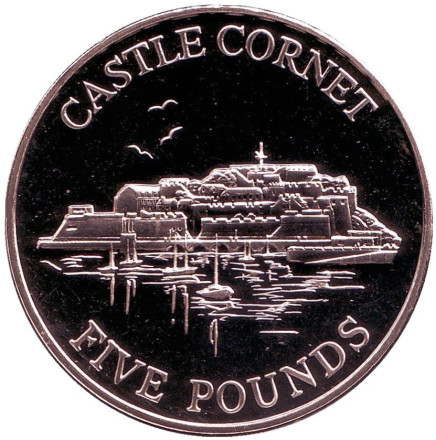 Монета 5 фунтов. 1997 год, Гернси. Замок Корнет.