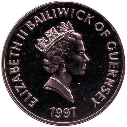 Монета 5 фунтов. 1997 год, Гернси. Замок Корнет.