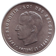 Монета 250 франков. 1976 год, Бельгия. 25 лет правления Короля Бодуэна I. (Des Belges). Монета 250 франков. 1976 год, Бельгия. 25 лет правления Короля Бодуэна I. (Des Belges).