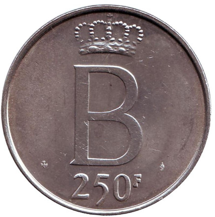 Монета 250 франков. 1976 год, Бельгия. 25 лет правления Короля Бодуэна I. (Des Belges). Монета 250 франков. 1976 год, Бельгия. 25 лет правления Короля Бодуэна I. (Des Belges).