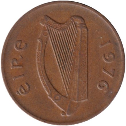 Монета 2 пенса. 1976 год, Ирландия. Птица. Ирландская арфа. Монета 2 пенса. 1976 год, Ирландия. Птица. Ирландская арфа.