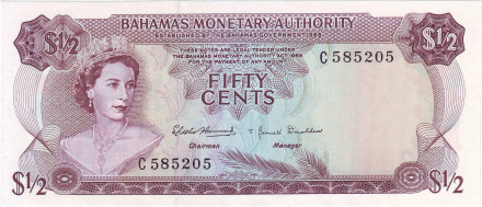 Банкнота 50 центов. 1968 год, Багамские острова.