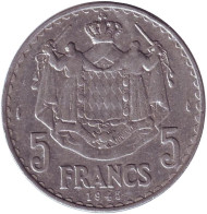 Монета 5 франков. 1945 год, Монако. Монета 5 франков. 1945 год, Монако.