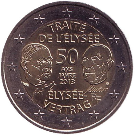 Монета 2 евро, 2013 год, Франция. 50-летие франко-германского договора о дружбе и сотрудничестве (Елисейский договор).