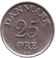 Монета 25 эре. 1958 год, Дания. Монета 25 эре. 1958 год, Дания.