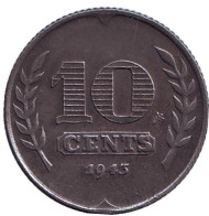Монета 10 центов. 1943 год, Нидерланды. Состояние - VF. Монета 10 центов. 1943 год, Нидерланды. Состояние - VF.