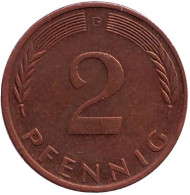 Монета 2 пфеннига. 1973 год (G), ФРГ. Дубовые листья. Монета 2 пфеннига. 1973 год (G), ФРГ. Дубовые листья.